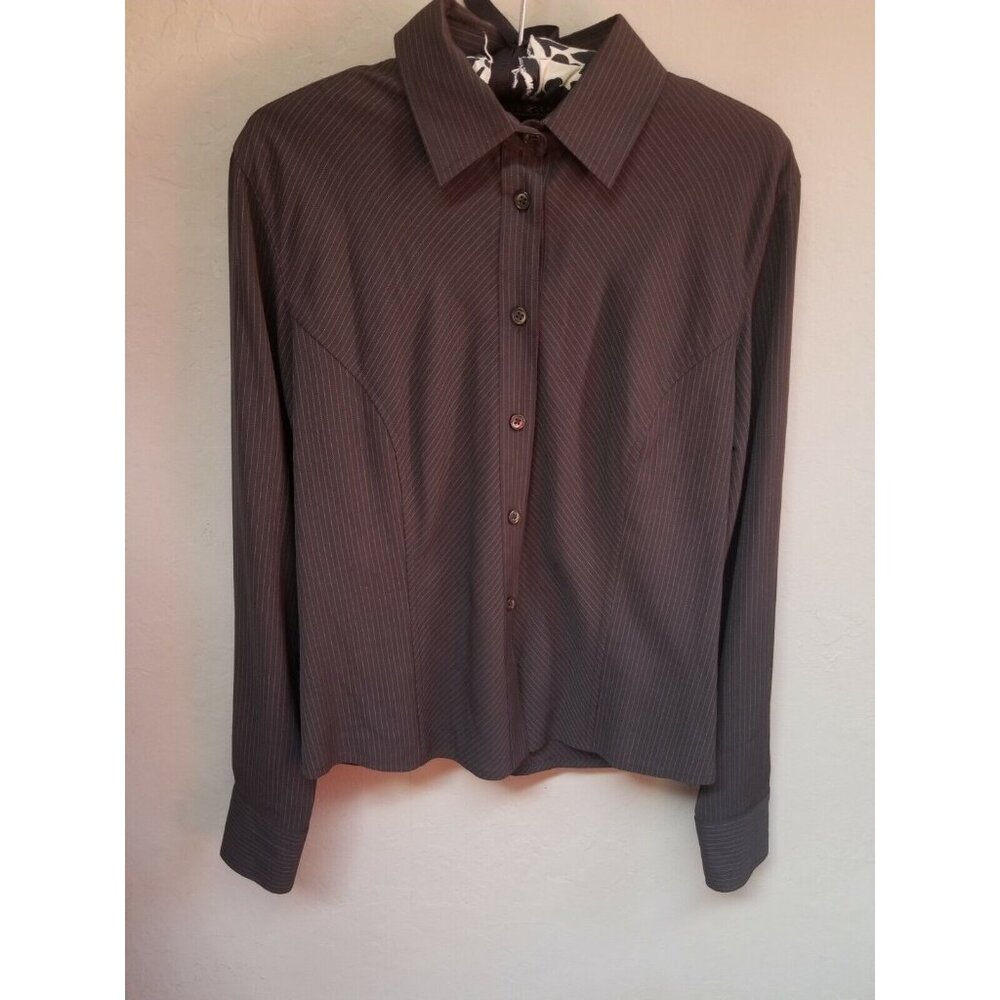 Ron Leal Shirt Women Size 8 Wool Blend Brown Pinstripe Button Up Casual Stretch